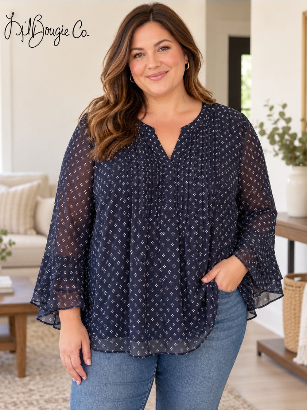 Charter Club Women's Navy Printed Pintuck Blouse - Size XL